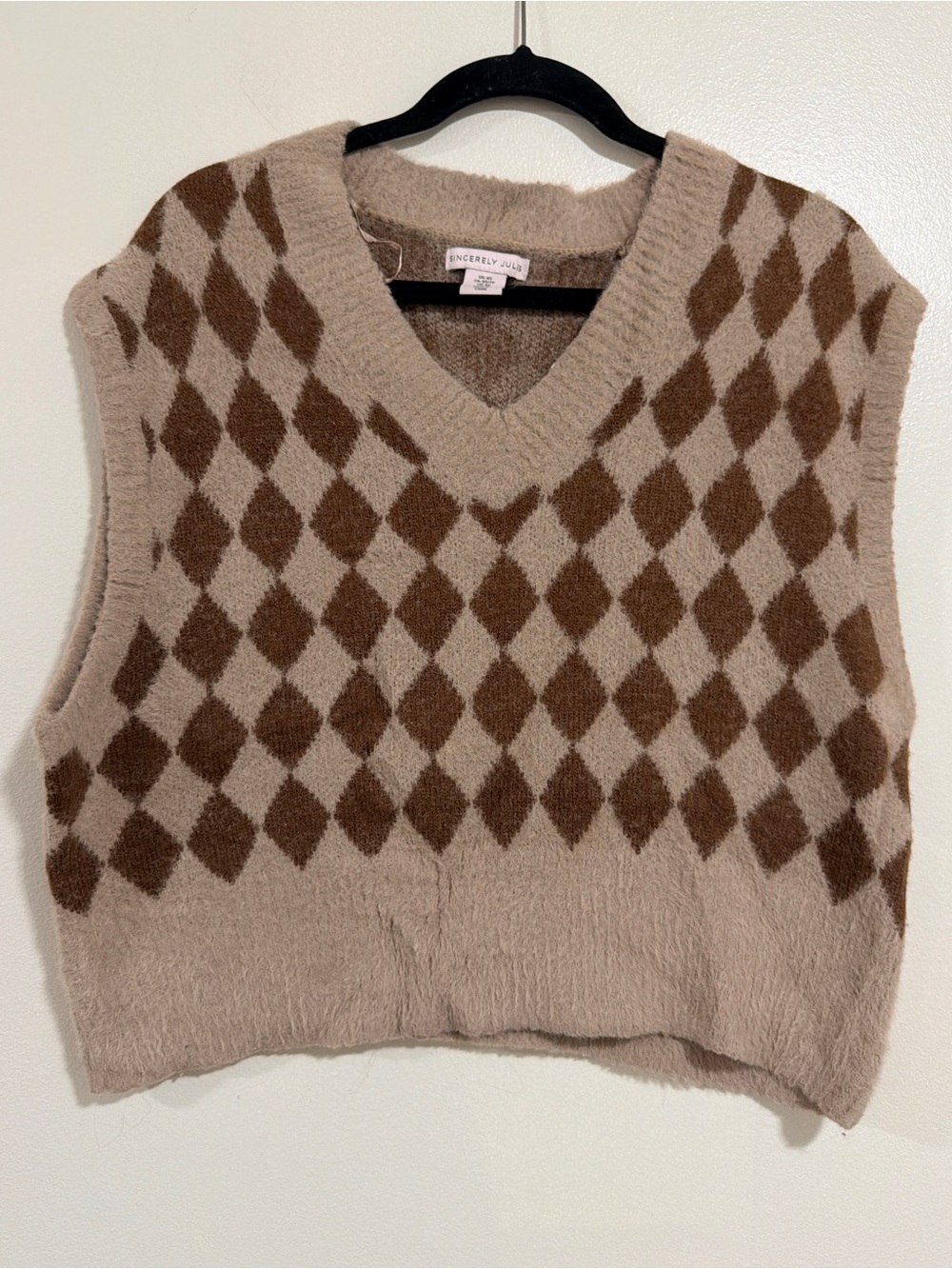 Argyle Eyelash Soft Knit Cropped Sweater Vest Size XS Preppy Academia Old Money